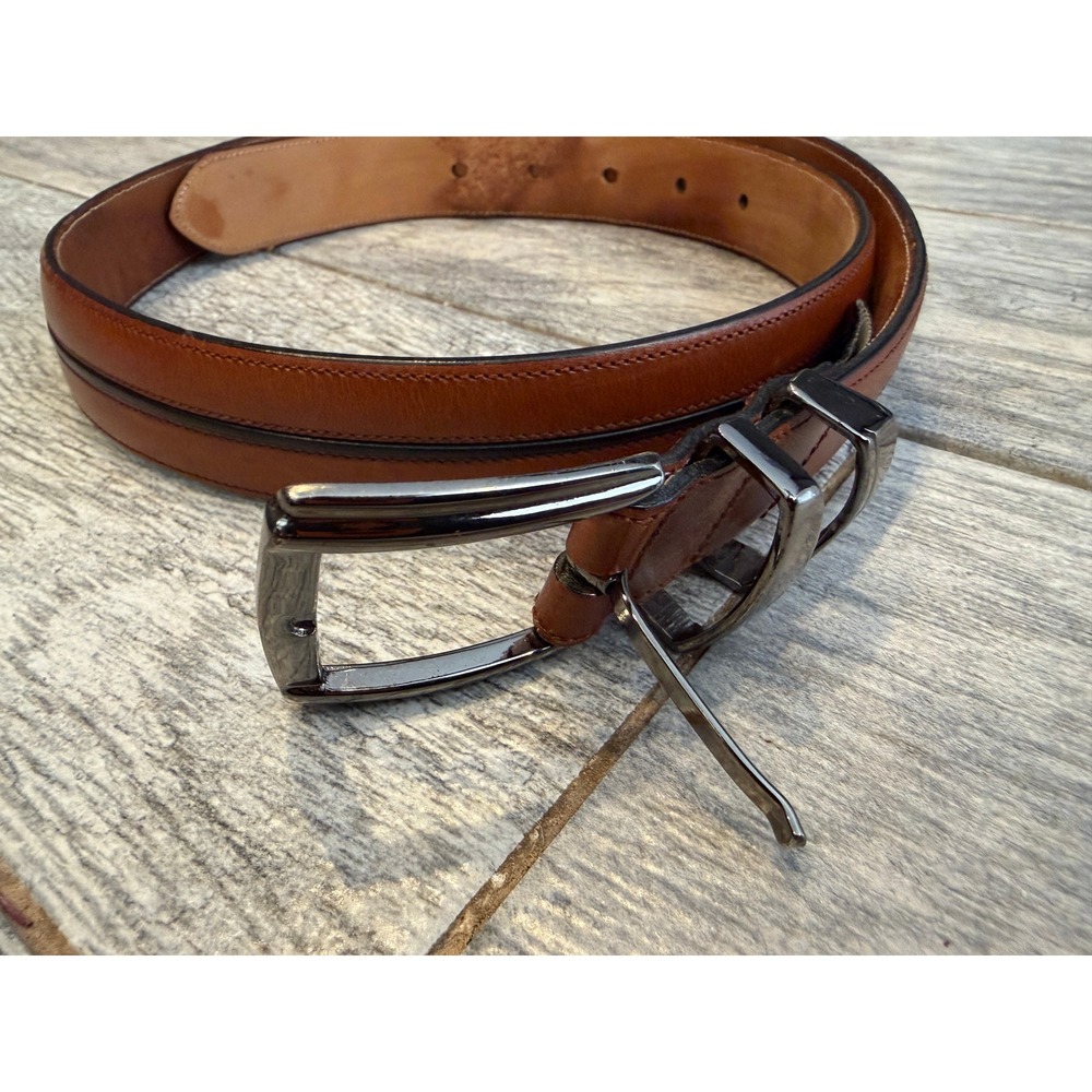 Mezlan Leather Belt size 34 Mens Cognac Tan Striped Spain M4522 Calfskin Dress